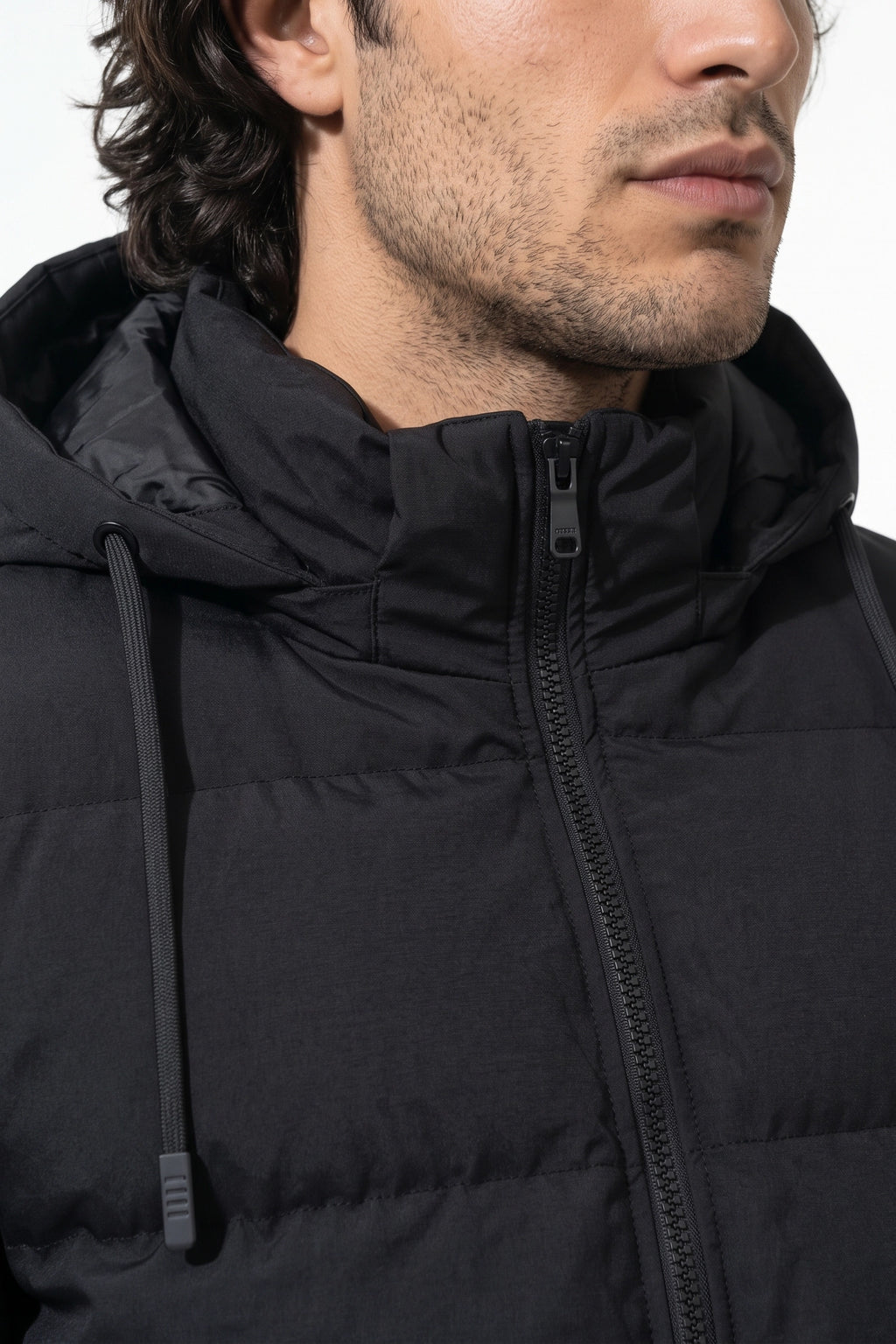 Men’s Winter Warm Black Hooded Puffer Jacket Detachable Hood Zip Pockets