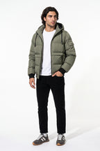 Men’s Winter Warm Green Hooded Puffer Jacket Detachable Hood Zip Pockets
