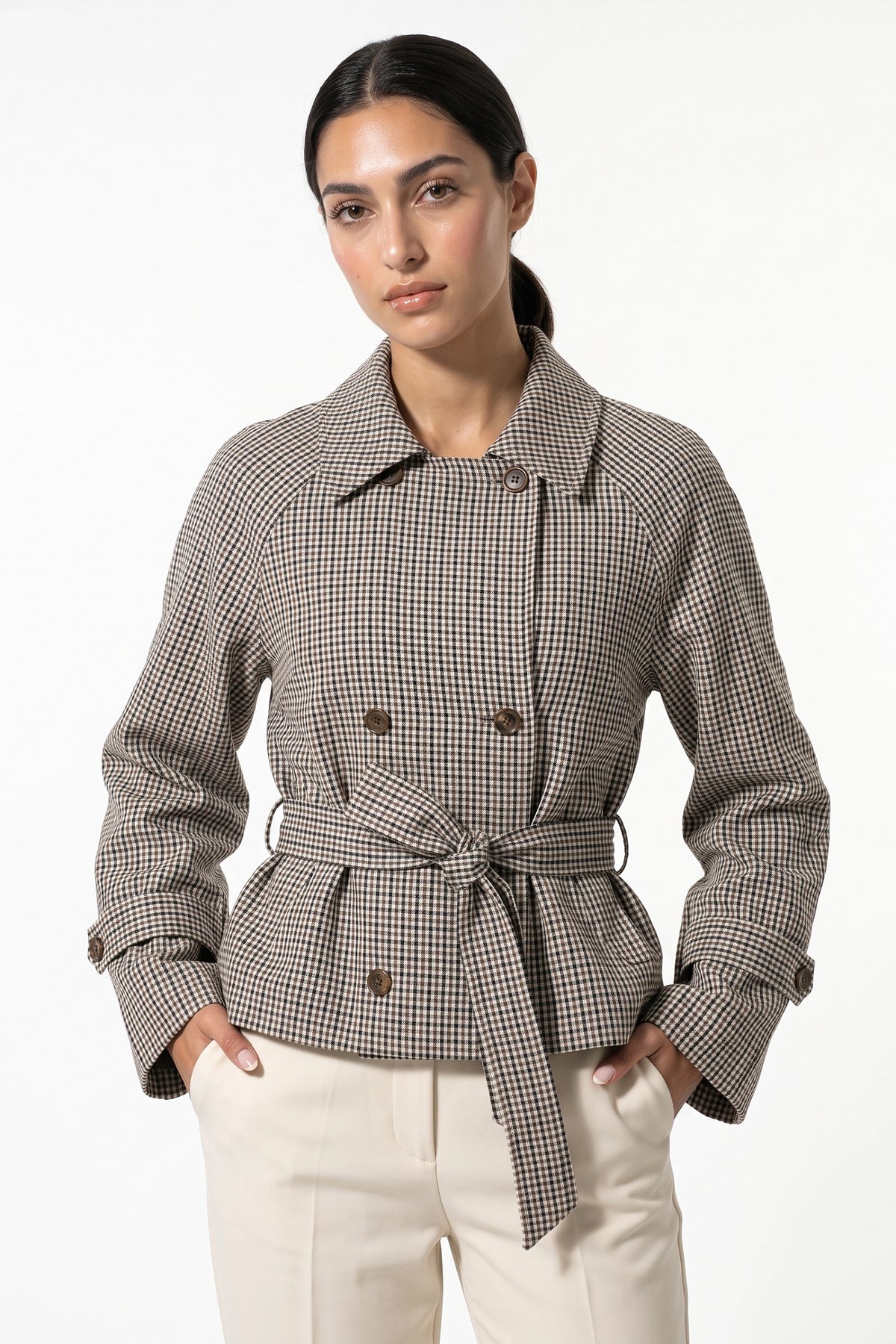 Women's Stylish Checked Cropped Trench Jacket with Waist Belt