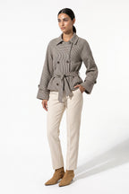 Women's Stylish Checked Cropped Trench Jacket with Waist Belt