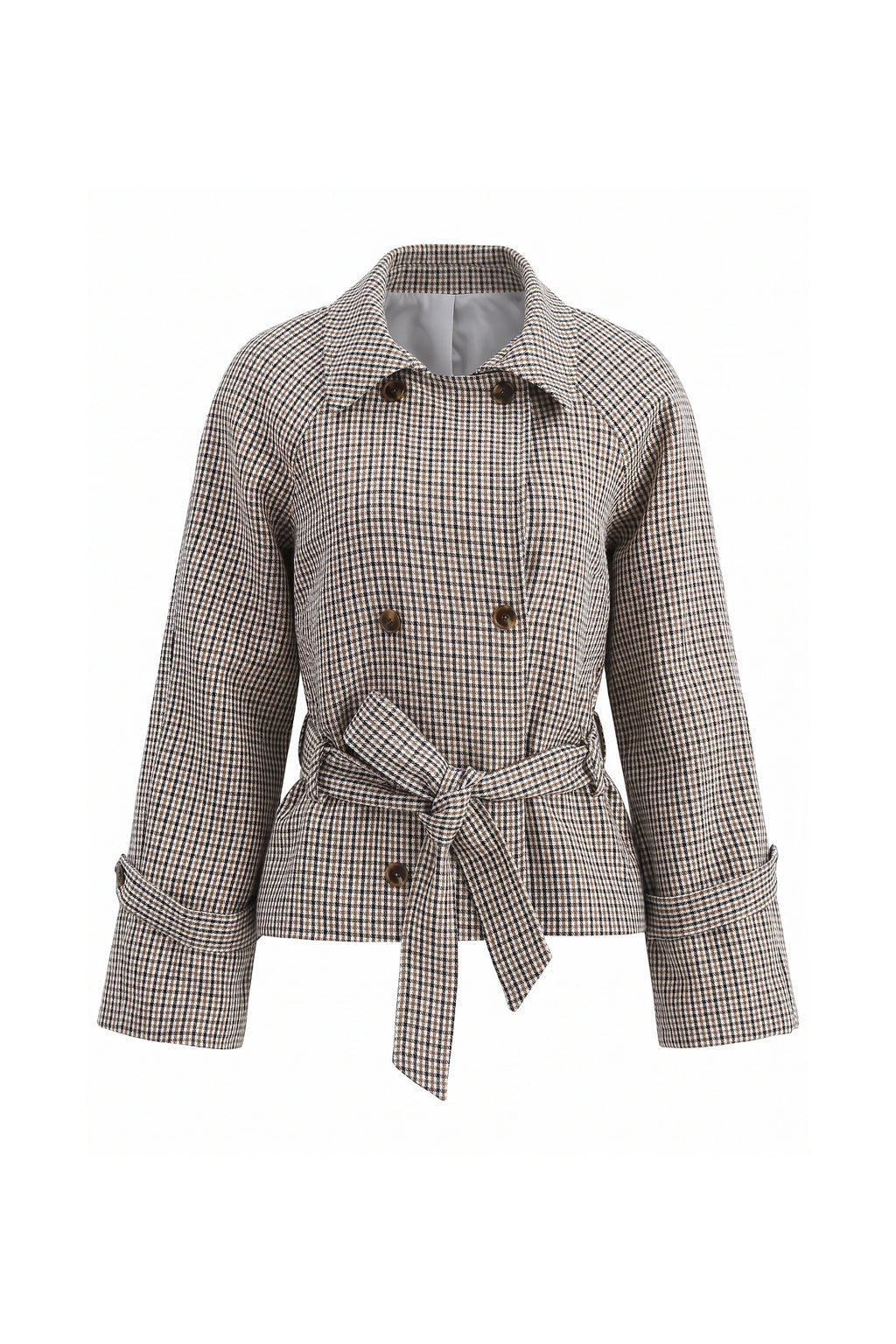 Women's Stylish Checked Cropped Trench Jacket with Waist Belt