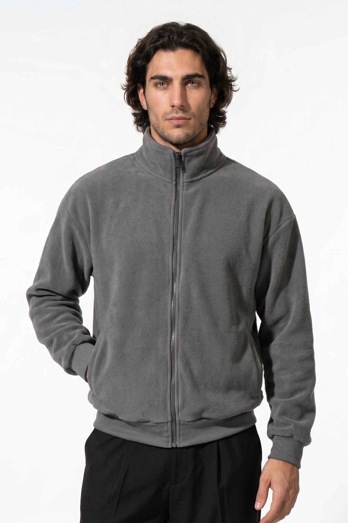 Men’s Winter Warm Fleece Cardigan Stand Collar Full Zip