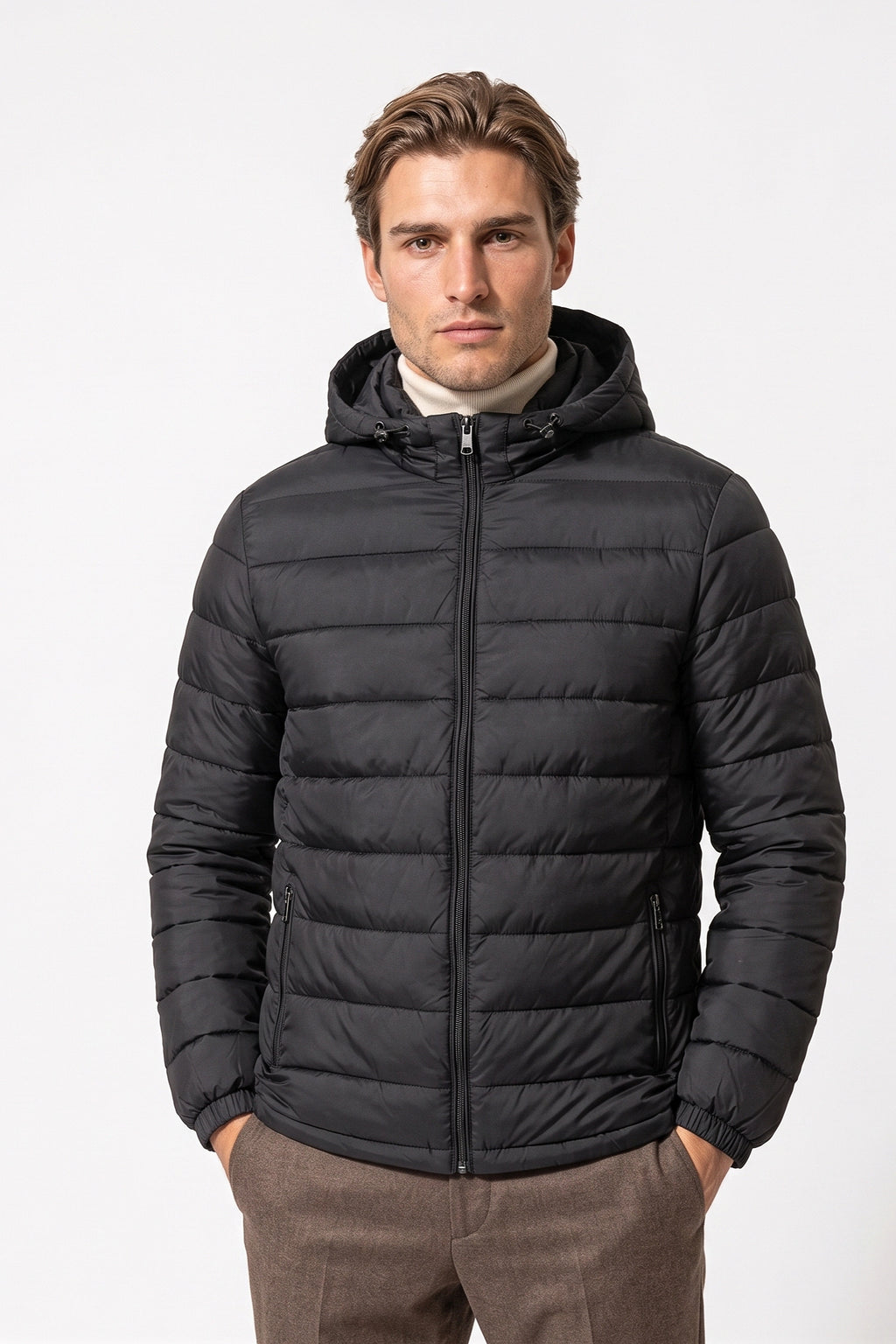 Men's Winter Warm Puffer Jacket with Hood and Zip Pockets