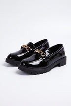 Women's Versatile Black Chunky Loafers Patent Leather with Gold Chain