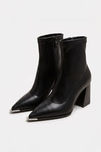 Women's Winter Block Heel Pointed Toe Leather Ankle Boots