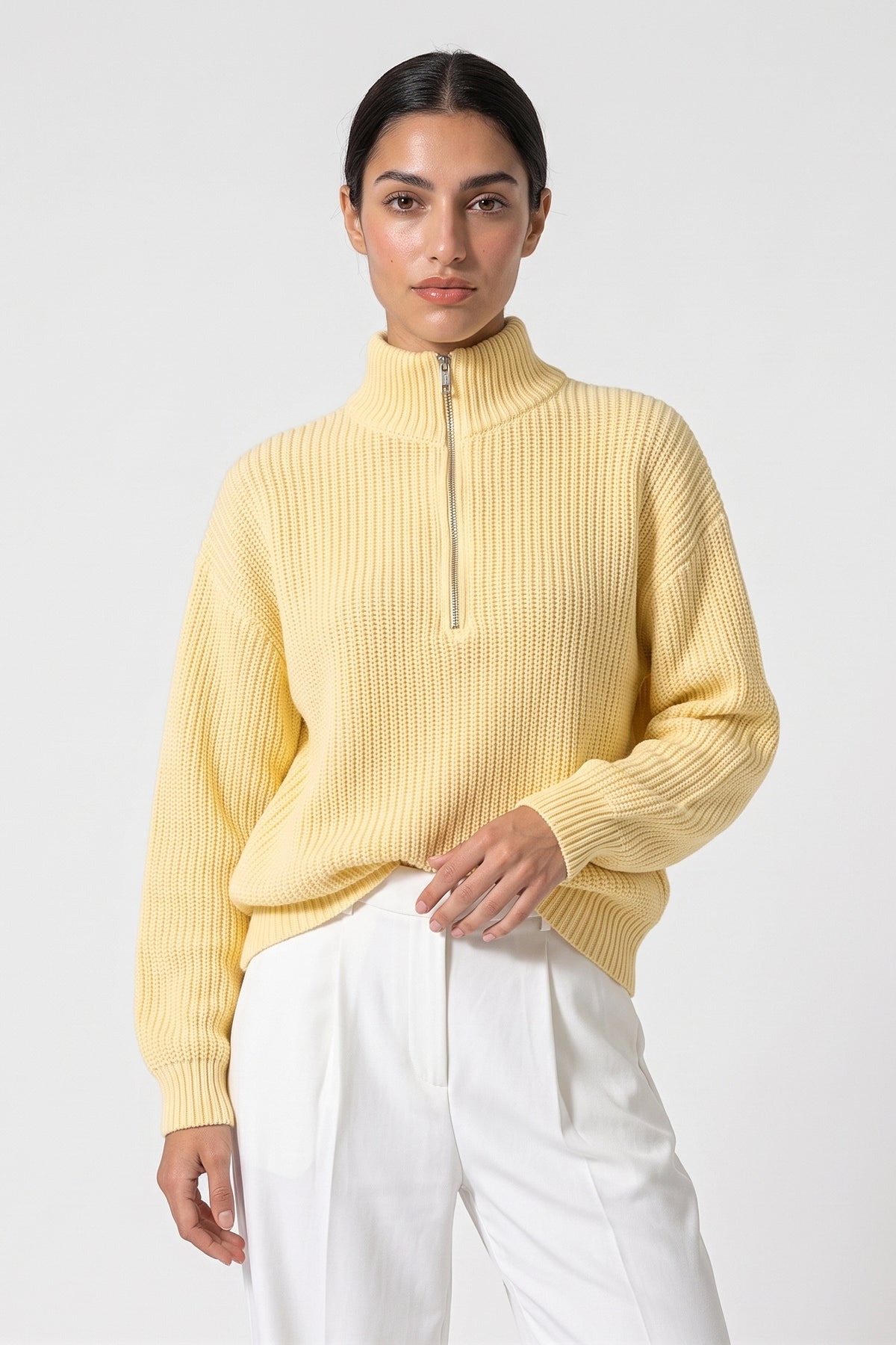 Women's Winter Warm Ribbed Knitted Jumper Quarter Zip