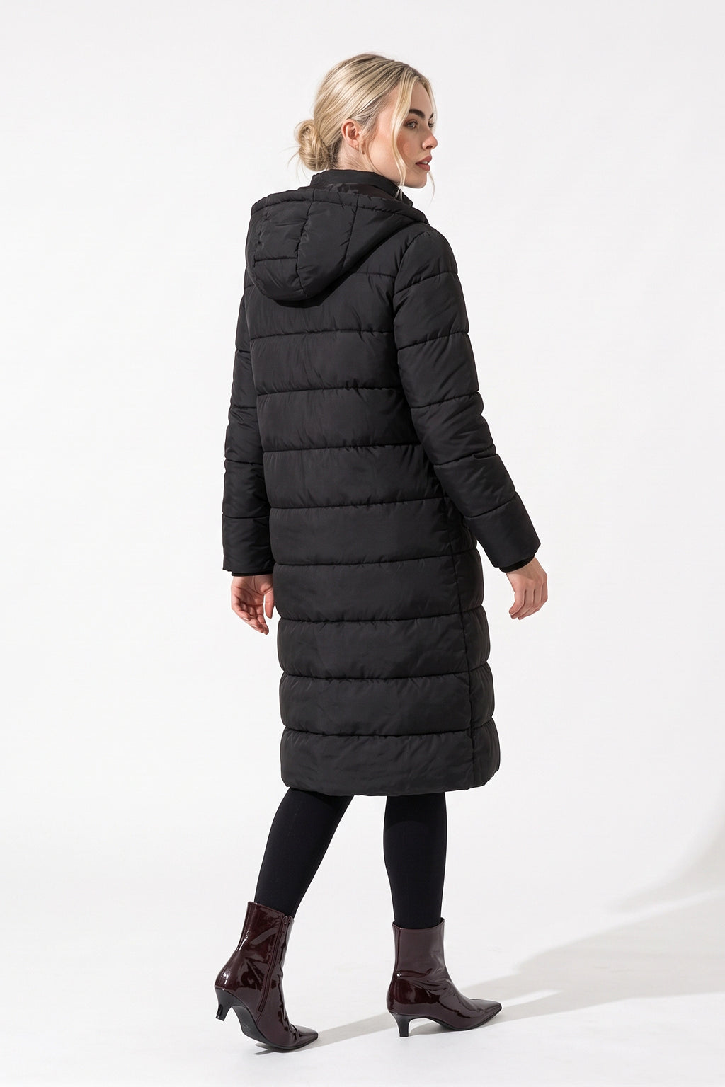 Women's Winter Warm Longline Puffer Coat with Hood and Button Front