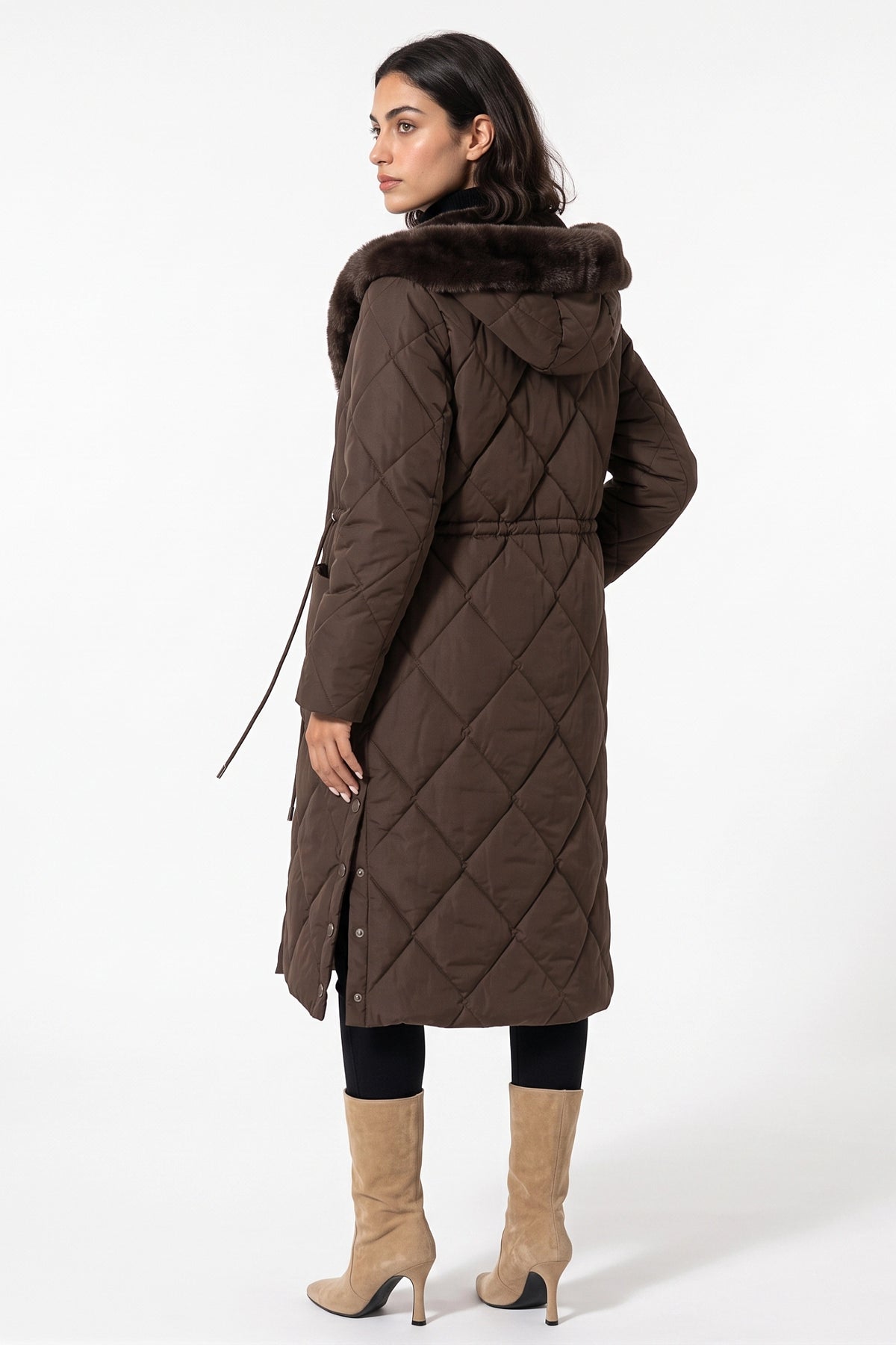 Women's Winter Warm Longline Quilted Puffer Coat with Fur Trimmed Hood