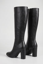Women’s Winter Versatile Black Leather Knee High Boots with Block Heel