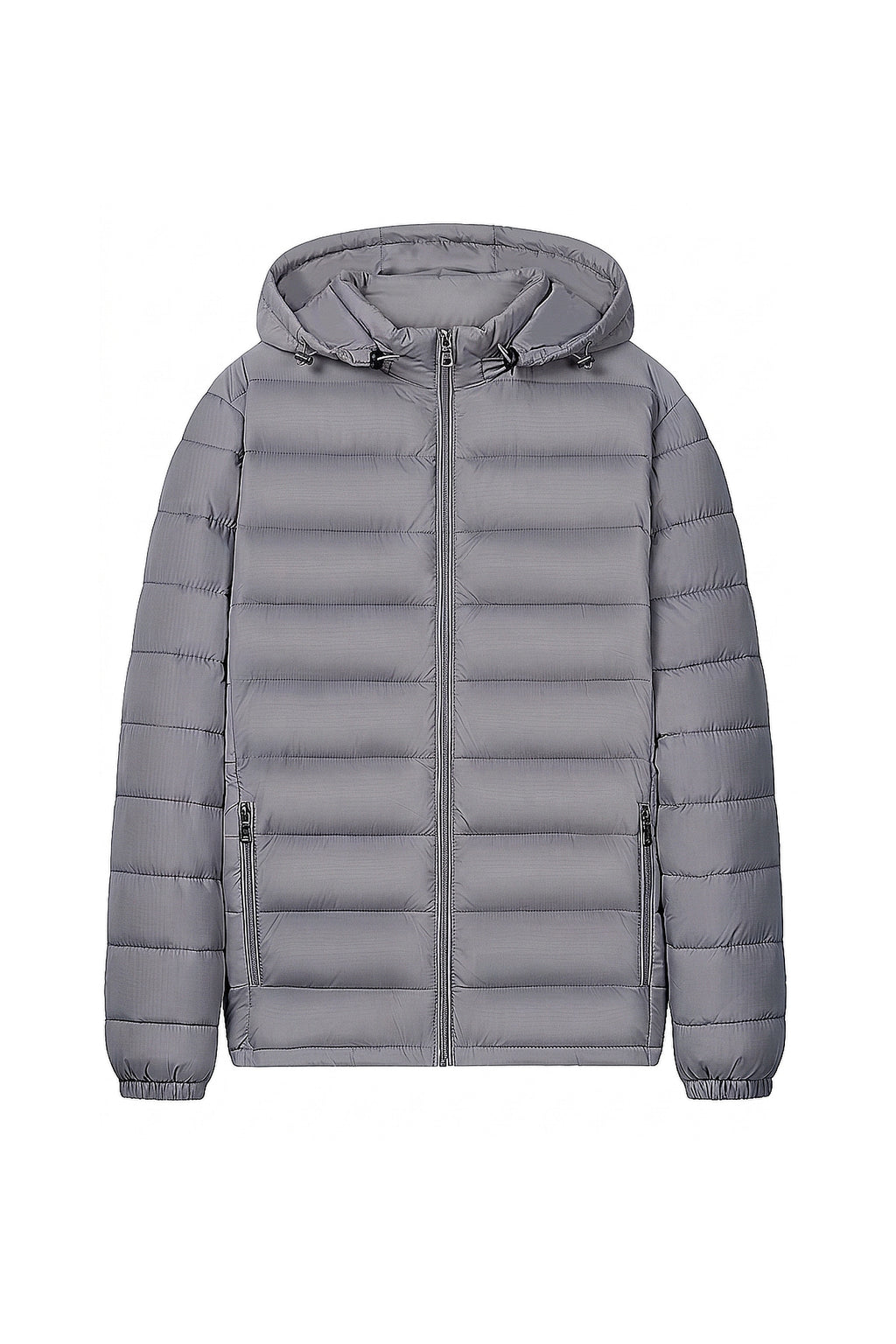 Men’s Winter Warm Grey Hooded Puffer Jacket High Collar Full Zip