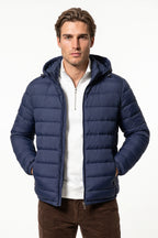 Men’s Winter Warm Blue Hooded Puffer Jacket High Collar Full Zip