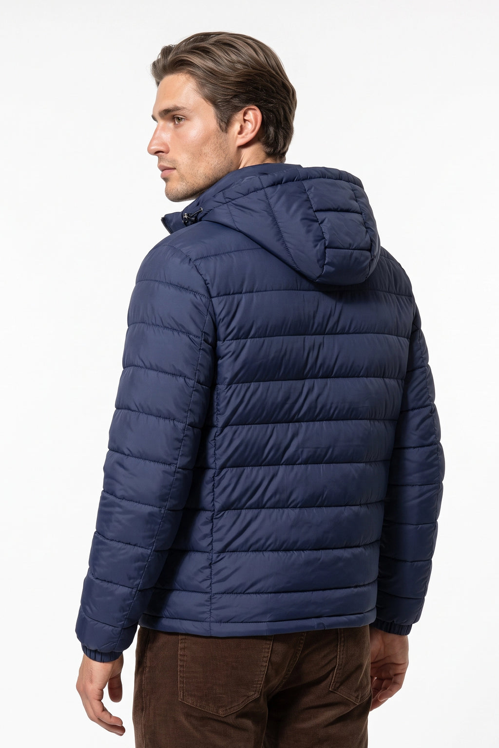Men’s Winter Warm Blue Hooded Puffer Jacket High Collar Full Zip