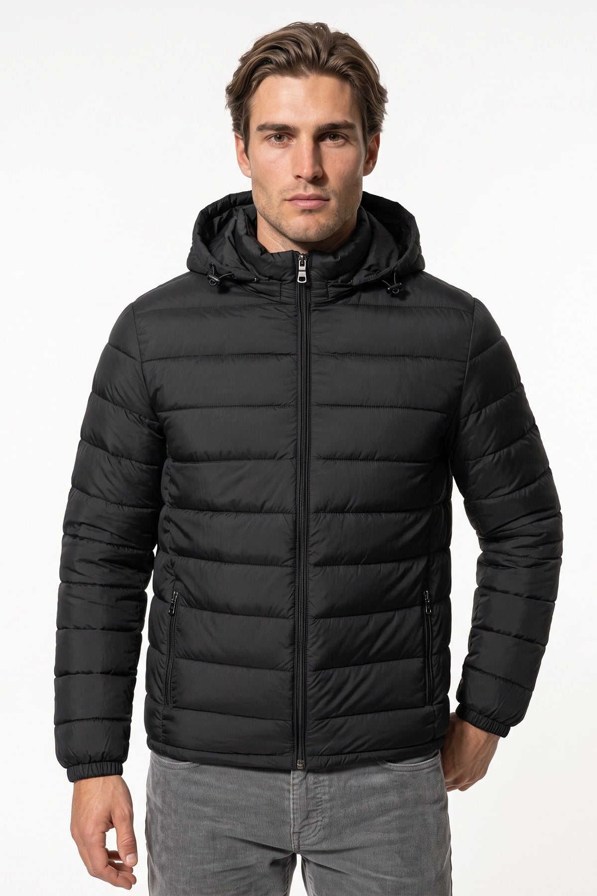 Men’s Winter Warm Black Hooded Puffer Jacket High Collar Full Zip