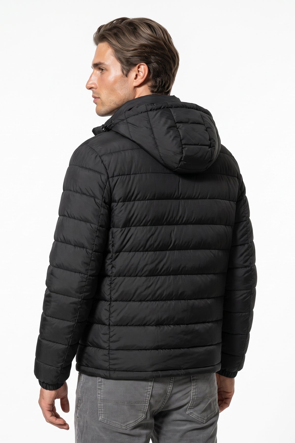 Men’s Winter Warm Black Hooded Puffer Jacket High Collar Full Zip