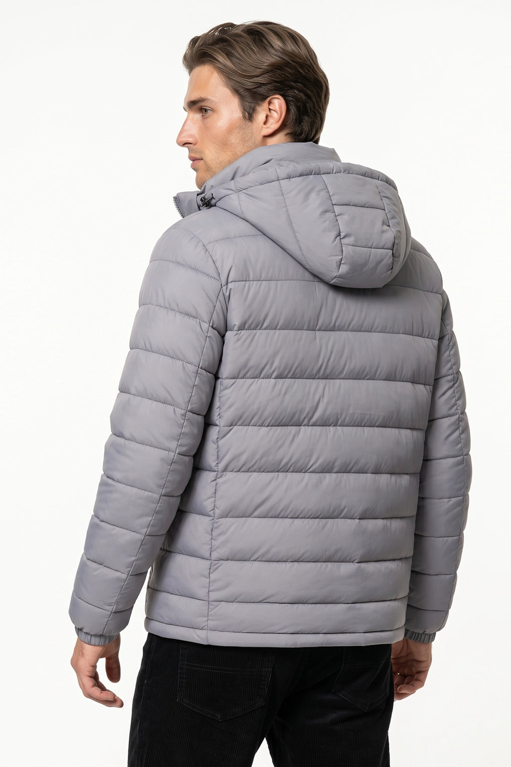 Men’s Winter Warm Grey Hooded Puffer Jacket High Collar Full Zip