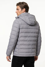 Men’s Winter Warm Grey Hooded Puffer Jacket High Collar Full Zip