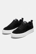 Men’s Comfortable Black Suede Trainers Textured White Sole