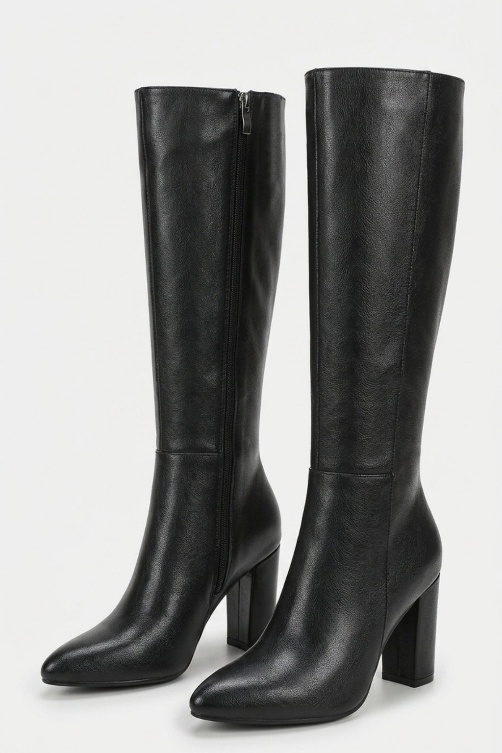 Women’s Winter Versatile Black Leather Knee High Boots with Block Heel