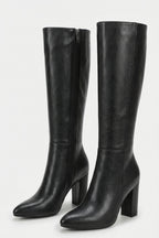 Women’s Winter Versatile Black Leather Knee High Boots with Block Heel