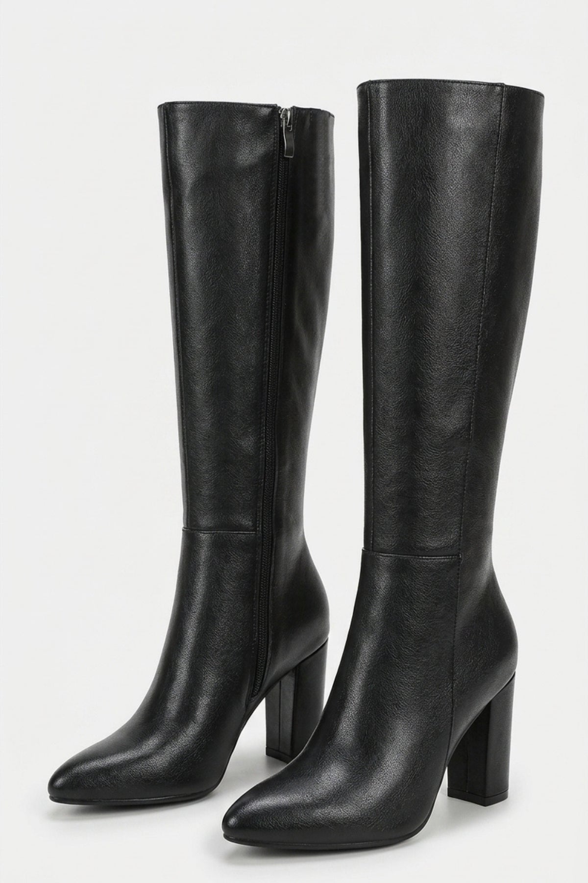 Women’s Winter Versatile Black Leather Knee High Boots with Block Heel