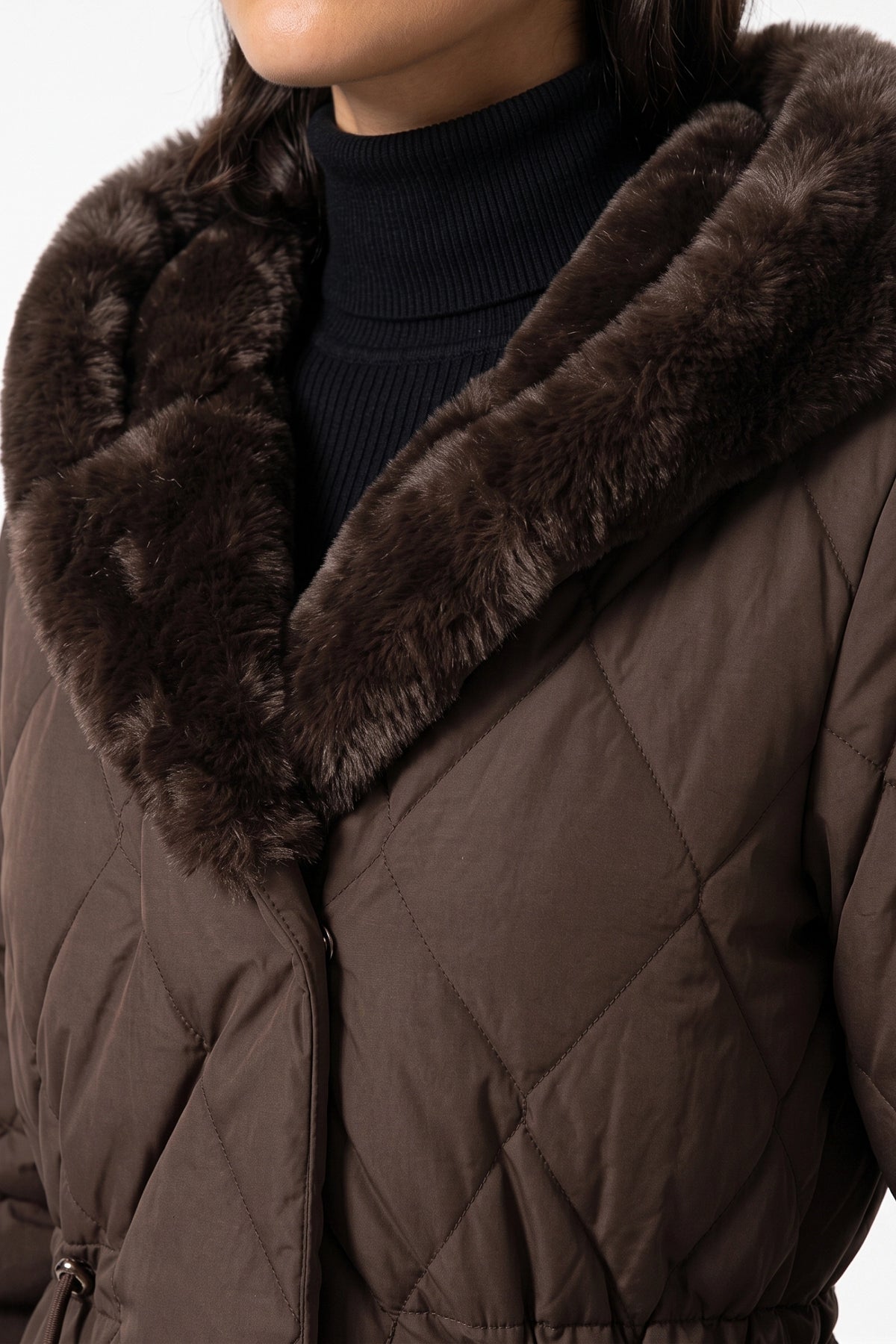 Women's Winter Warm Longline Quilted Puffer Coat with Fur Trimmed Hood