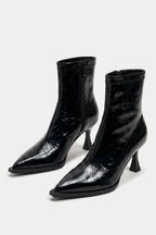 Women’s Leather Pointed Toe High Heel Ankle Boots with Side Zip