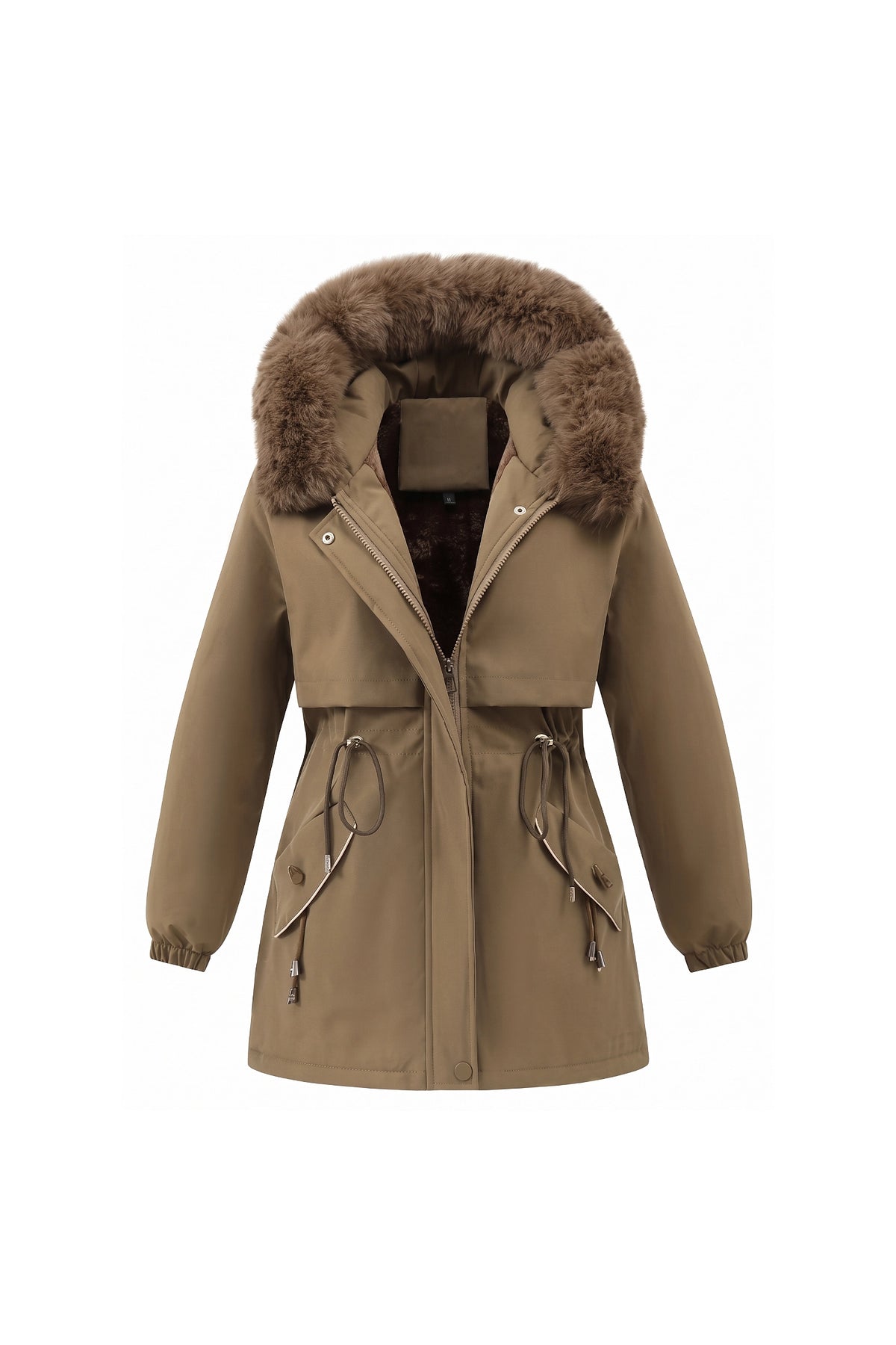 Women's Winter Warm Parka Coat with Faux Fur Hood and Drawstring Waist