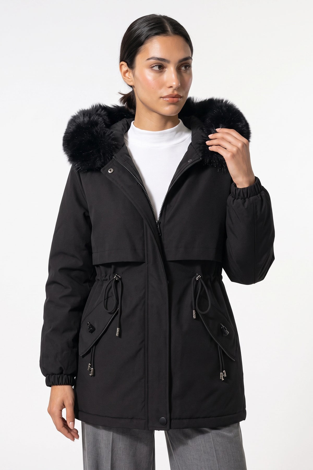 Women's Winter Warm Parka Coat with Faux Fur Hood and Drawstring Waist