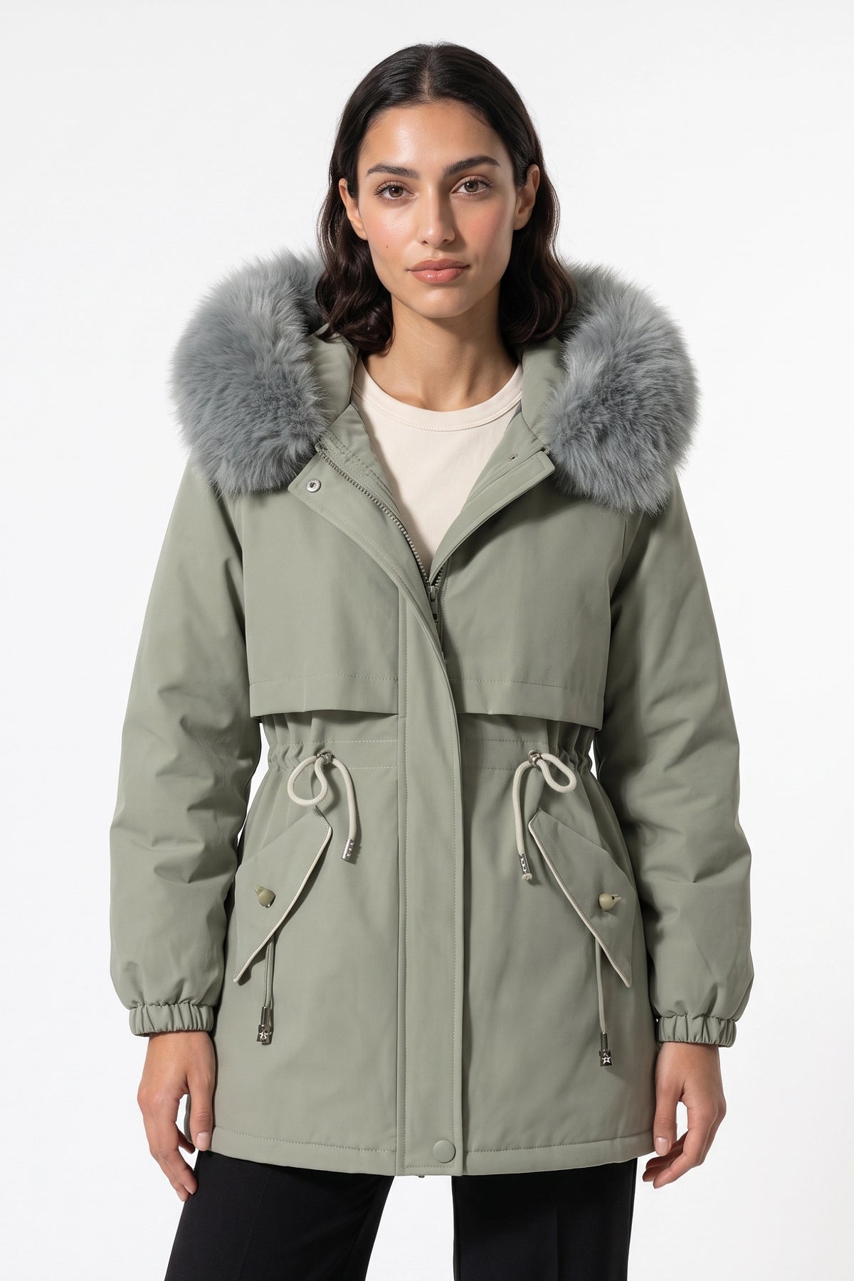 Women's Winter Warm Parka Coat with Faux Fur Hood and Drawstring Waist