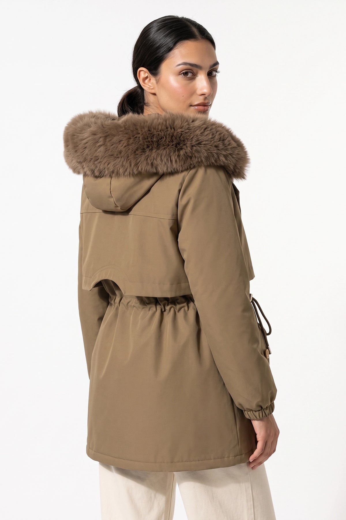 Women's Winter Warm Parka Coat with Faux Fur Hood and Drawstring Waist