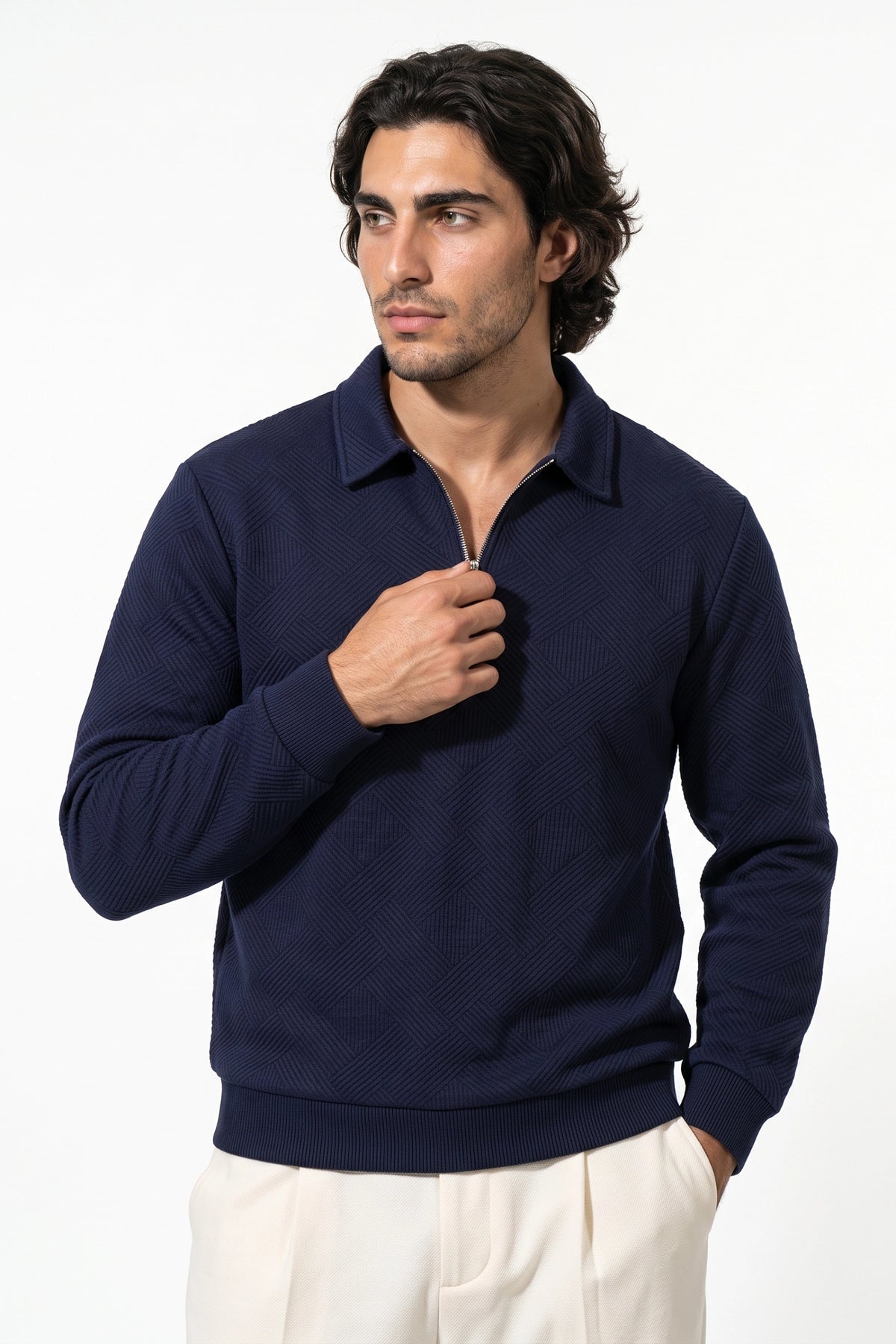 Men's Winter Comfortable Textured Knit Polo Jumper Quarter Zip