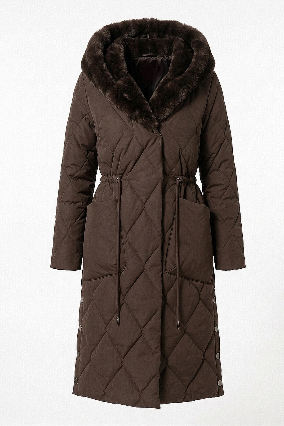 Women's Winter Warm Longline Quilted Puffer Coat with Fur Trimmed Hood