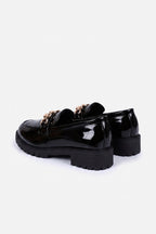 Women's Versatile Black Chunky Loafers Patent Leather with Gold Chain