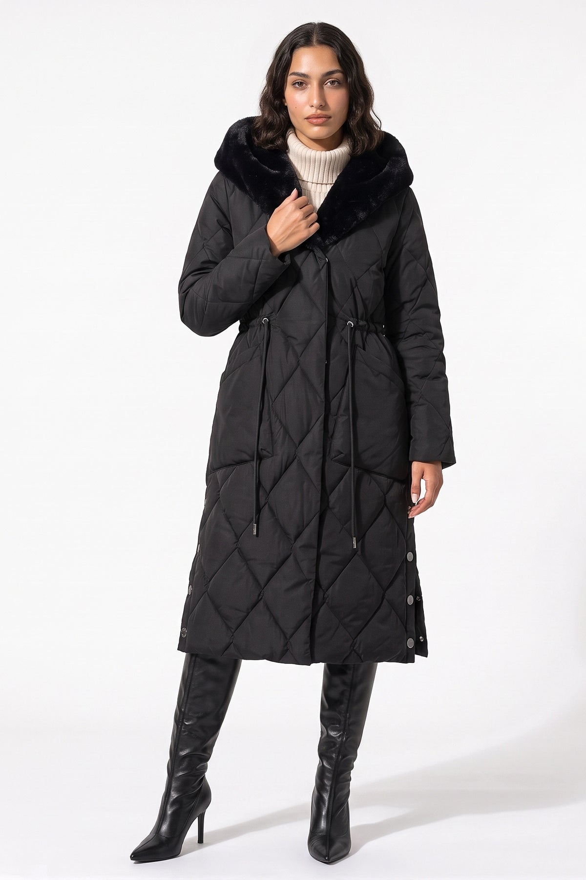 Women's Winter Warm Longline Quilted Puffer Coat with Fur Trimmed Hood