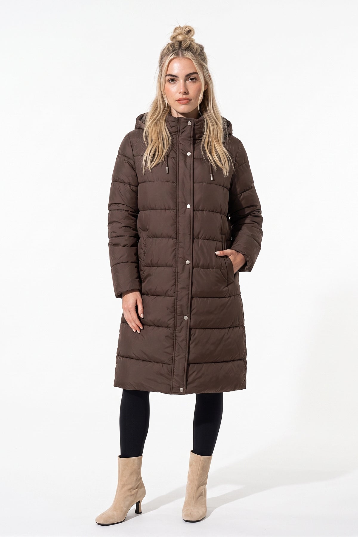 Women's Winter Warm Longline Puffer Coat with Hood and Button Front