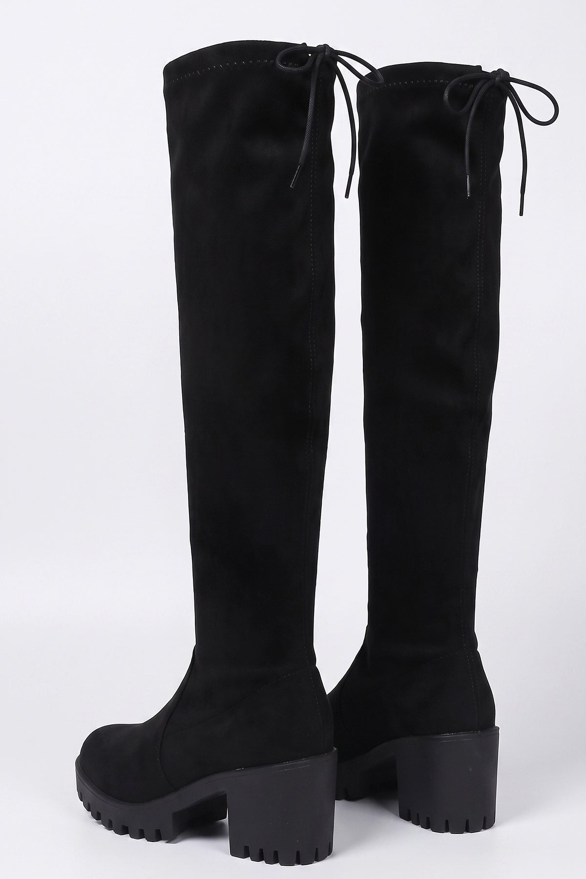 Women’s Winter Chunky Suede Knee High Boots with Drawstring