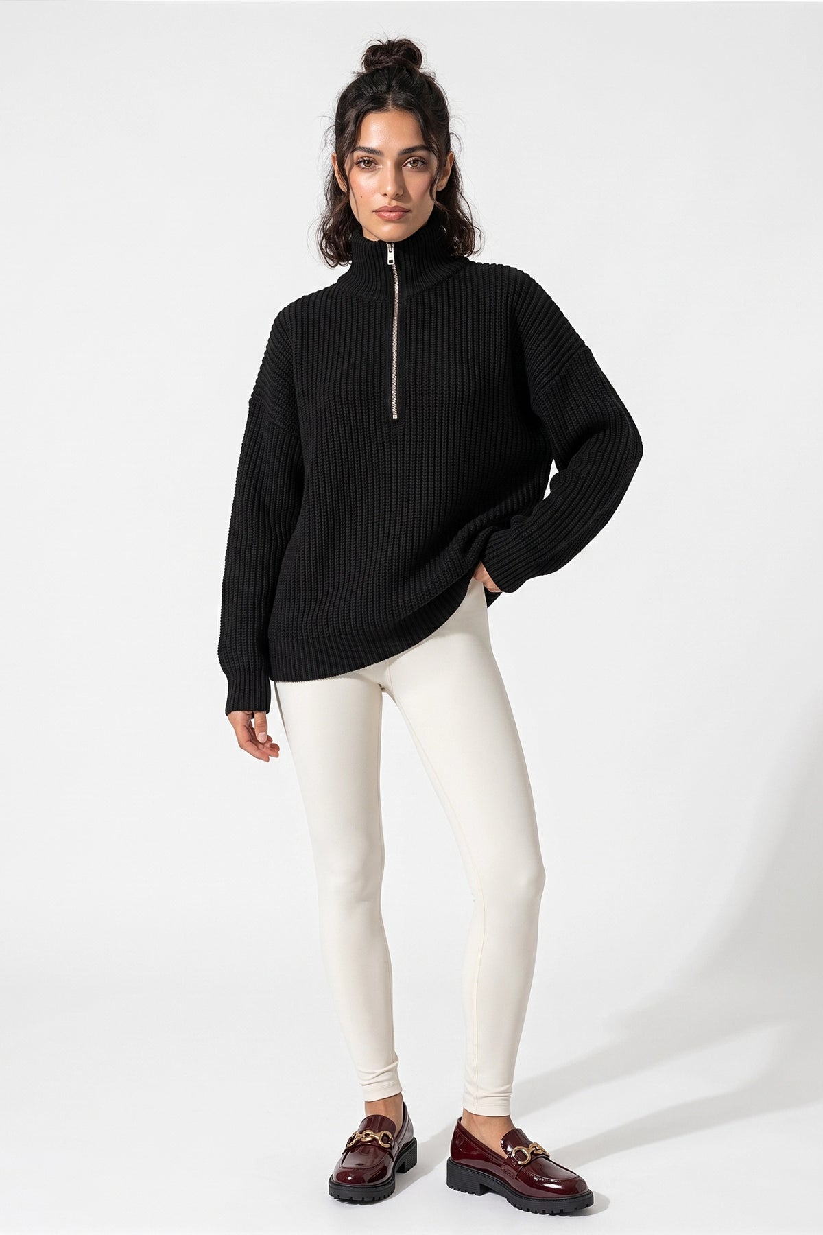 Women's Winter Warm Ribbed Knitted Jumper Quarter Zip