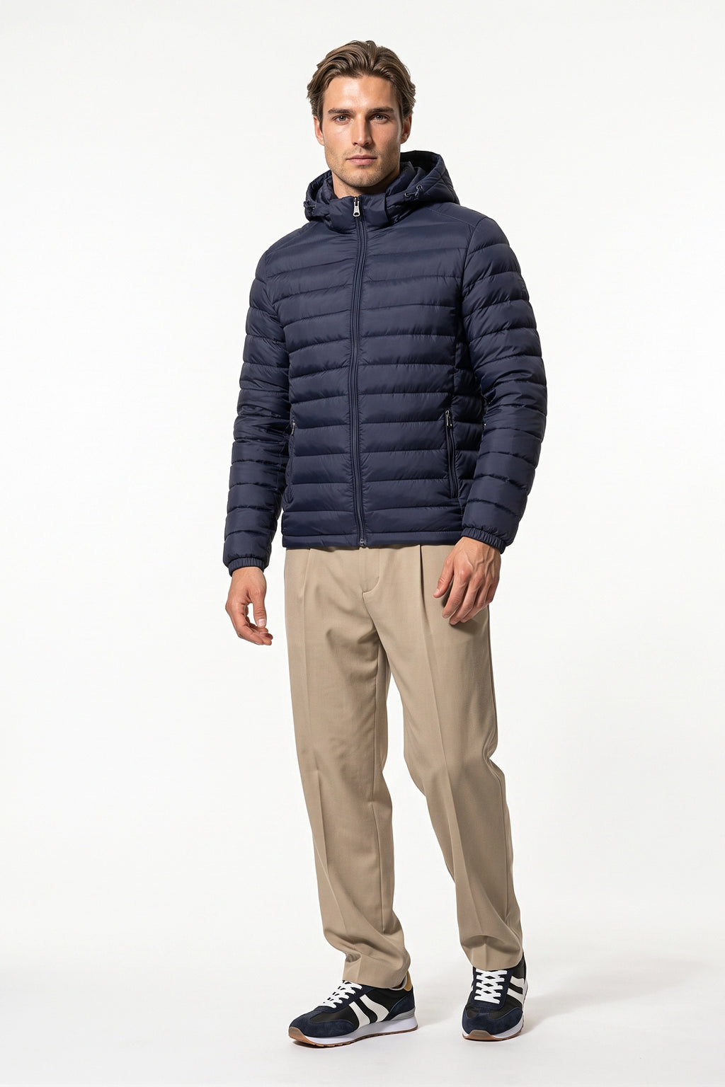 Men's Winter Warm Puffer Jacket with Hood and Zip Pockets