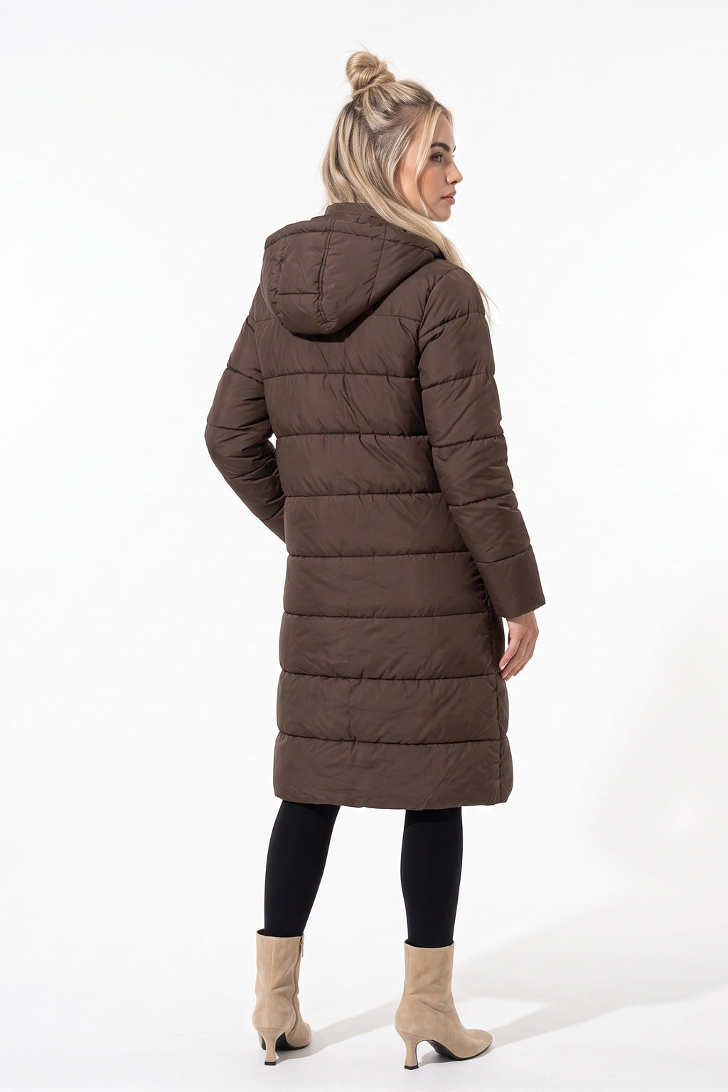 Women's Winter Warm Longline Puffer Coat with Hood and Button Front