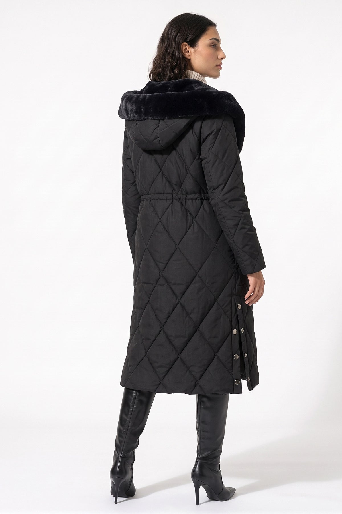 Women's Winter Warm Longline Quilted Puffer Coat with Fur Trimmed Hood