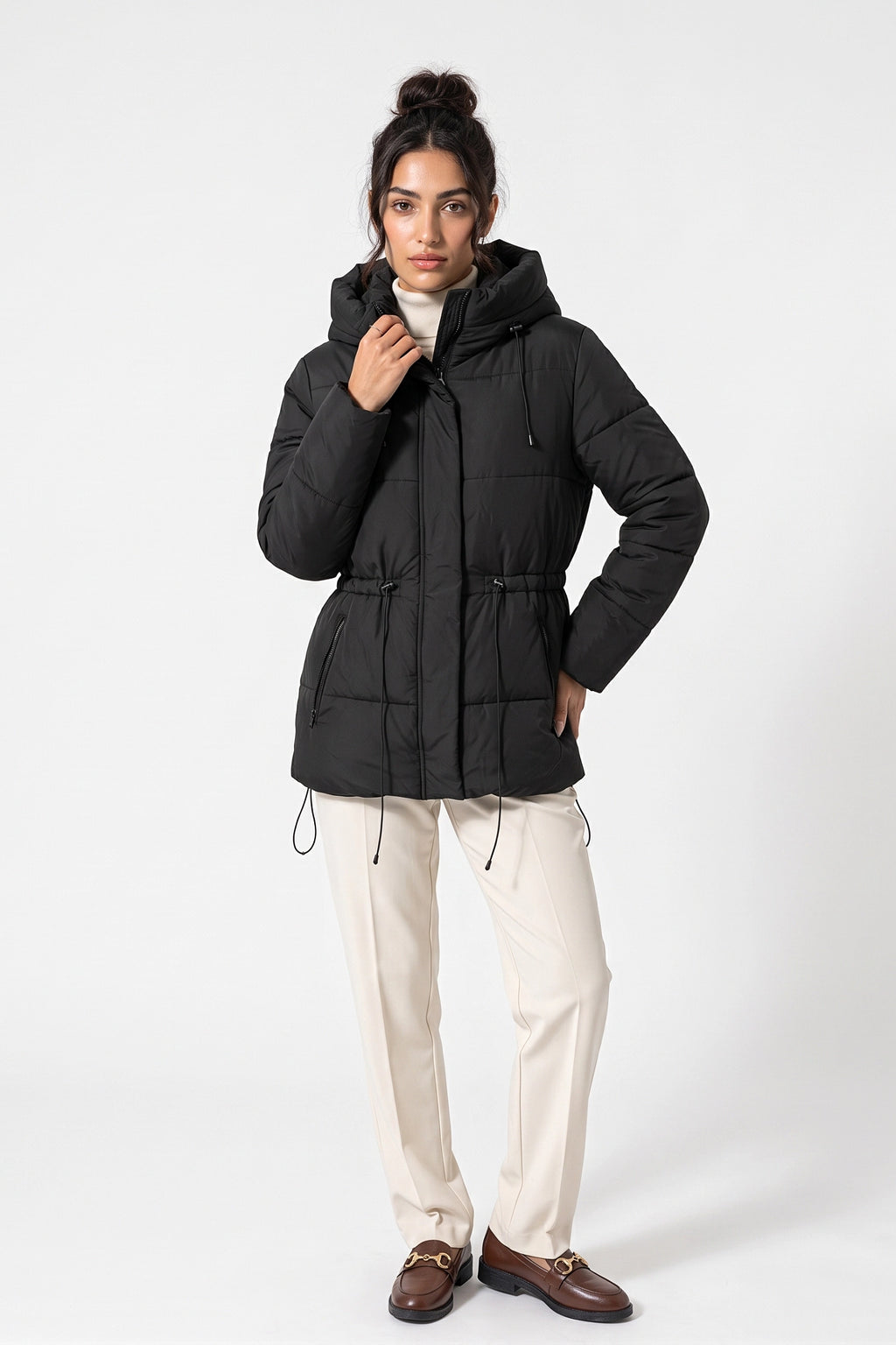 Women's Winter Warm Hooded Puffer Jacket with Adjustable Drawstring Waist