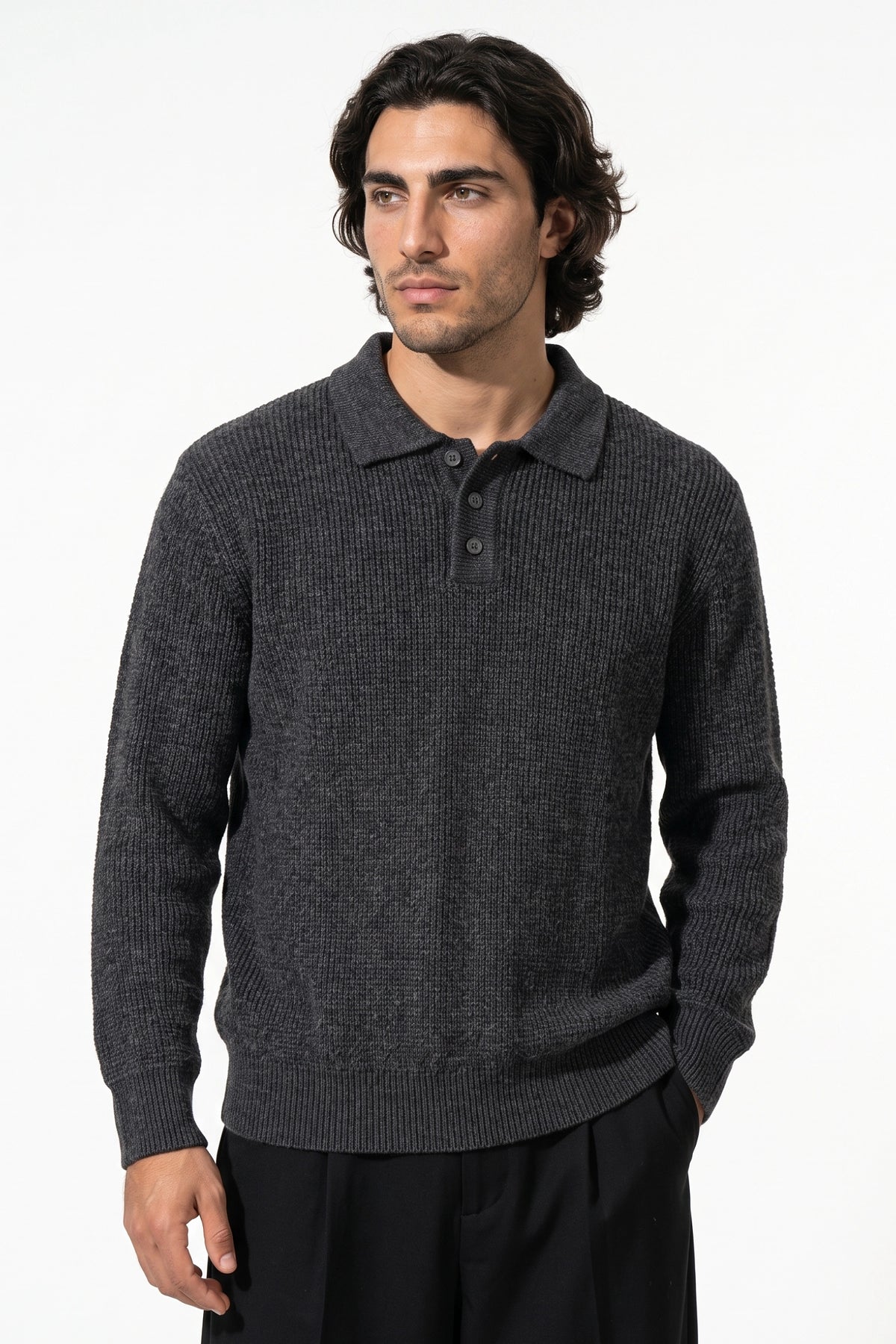 Men's Winter Warm Ribbed Knitted Polo Jumper with Button Neck