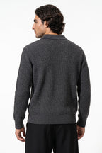 Men's Winter Warm Ribbed Knitted Polo Jumper with Button Neck