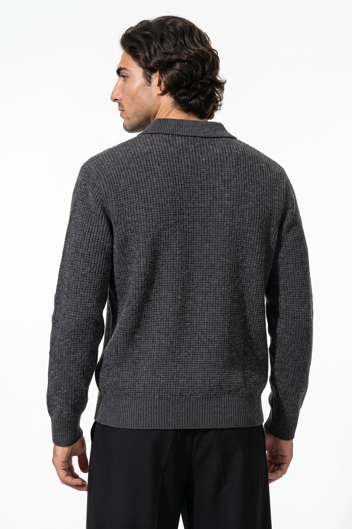 Men's Winter Warm Ribbed Knitted Polo Jumper with Button Neck