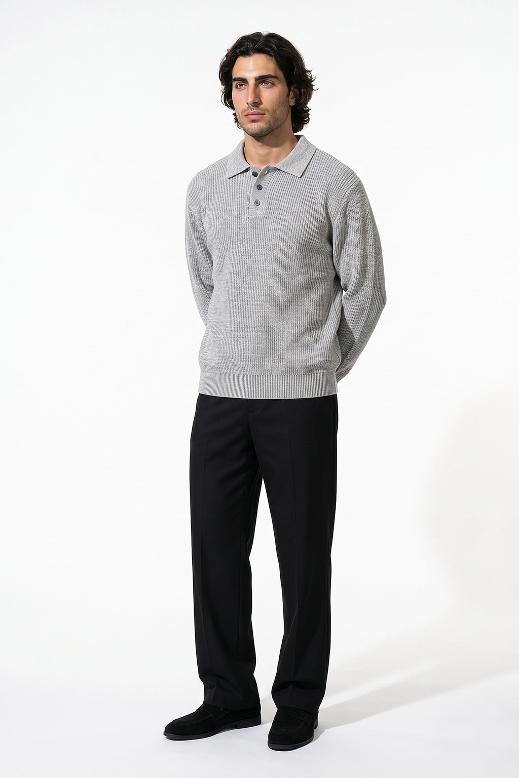 Men's Winter Warm Ribbed Knitted Polo Jumper with Button Neck
