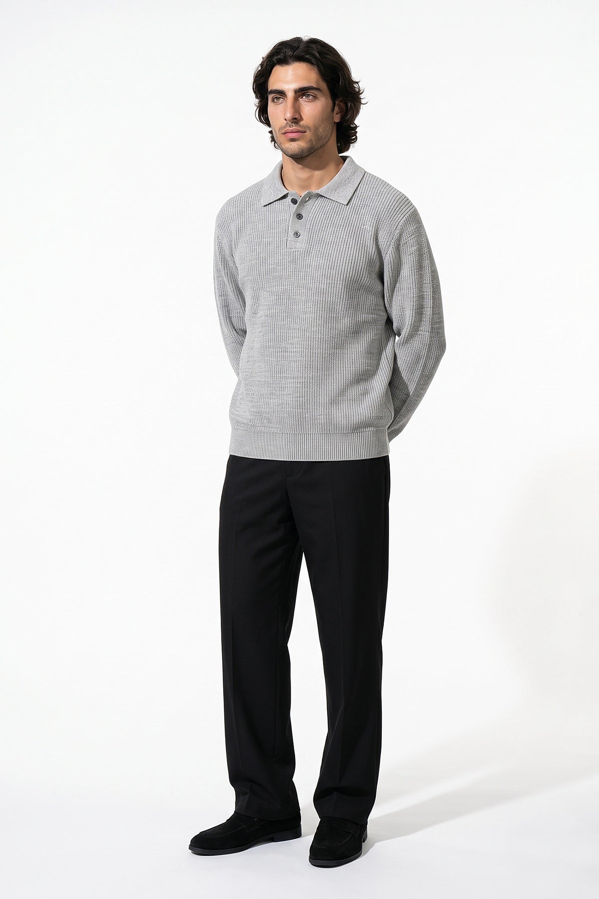 Men's Winter Warm Ribbed Knitted Polo Jumper with Button Neck