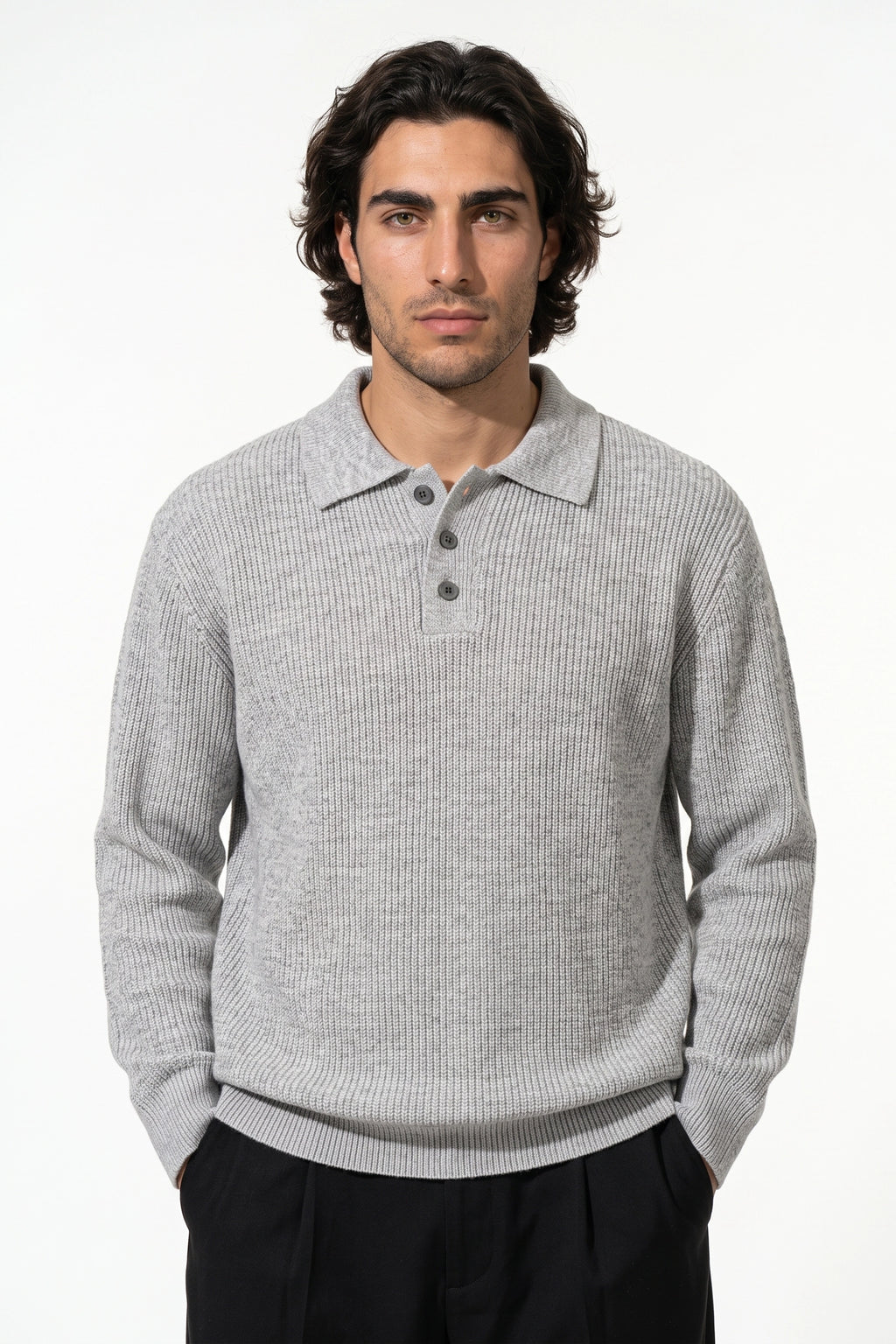 Men's Winter Warm Ribbed Knitted Polo Jumper with Button Neck