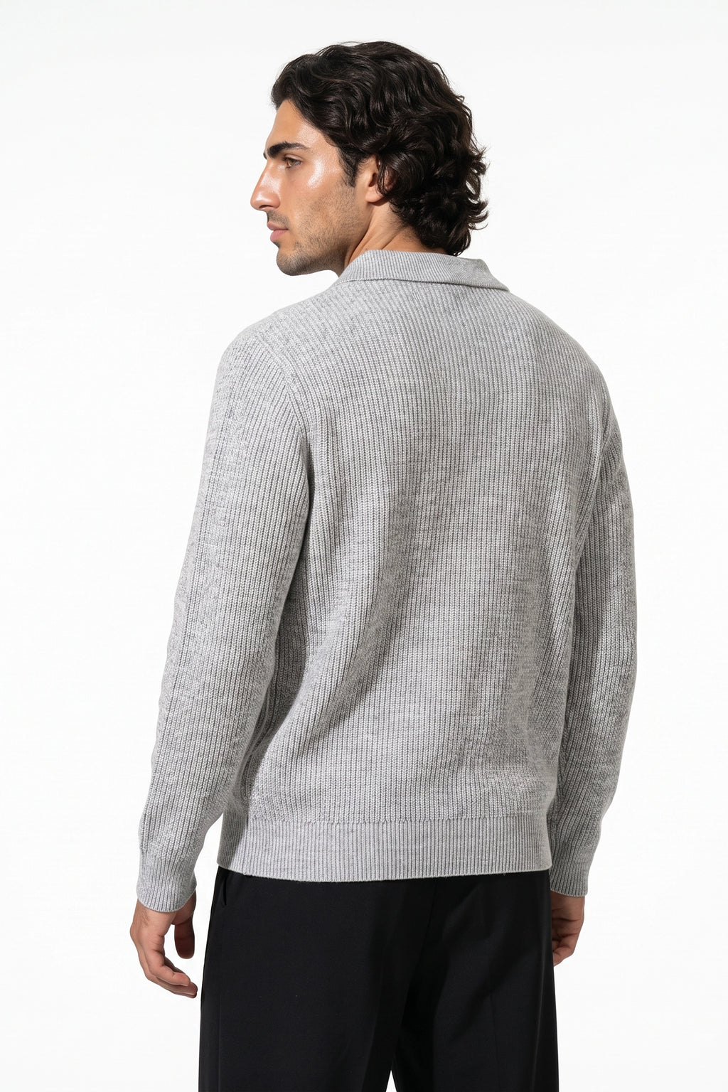 Men's Winter Warm Ribbed Knitted Polo Jumper with Button Neck