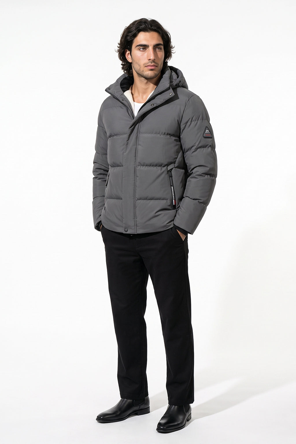 Men’s Winter Warm Grey Fleece Lined Puffer Jacket with Hood