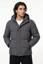 Men’s Winter Warm Grey Fleece Lined Puffer Jacket with Hood